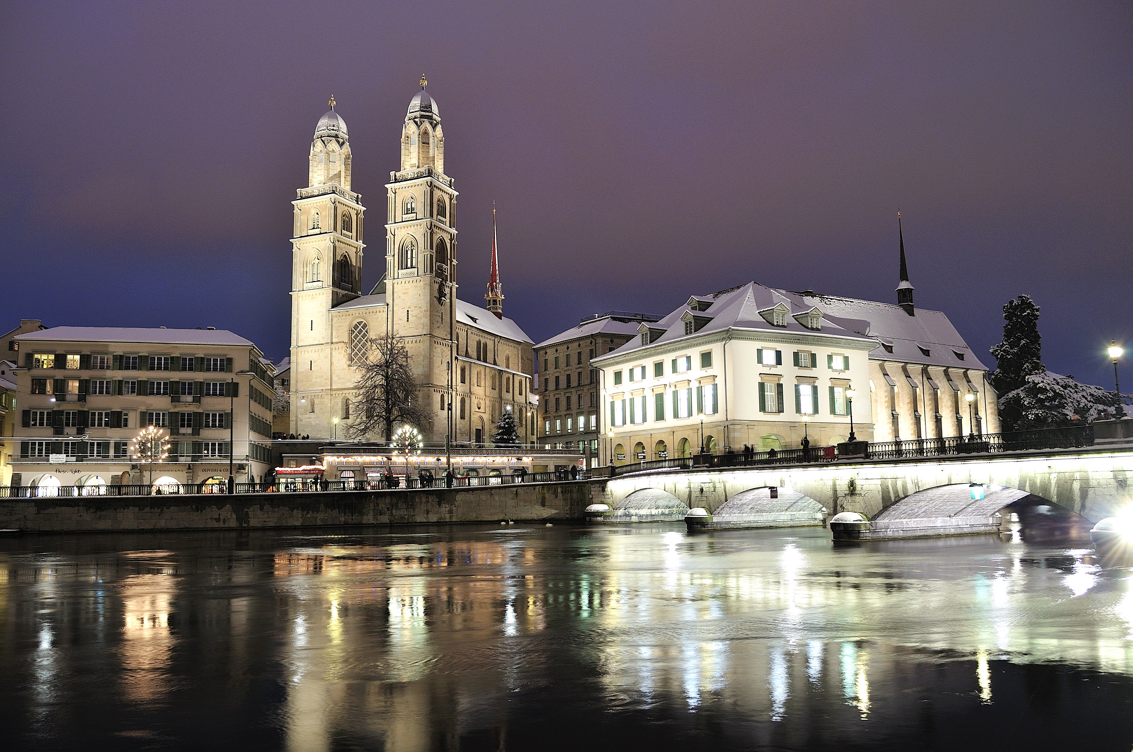 switzerland, Houses, Rivers, Bridges, Night, Street, Lights, Zurich, Cities Wallpaper