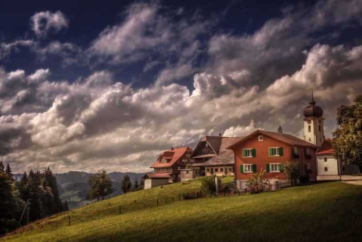 switzerland, Houses, Sky, Grass, Clouds, Heiligkreuz, Cities HD Wallpaper Desktop Background