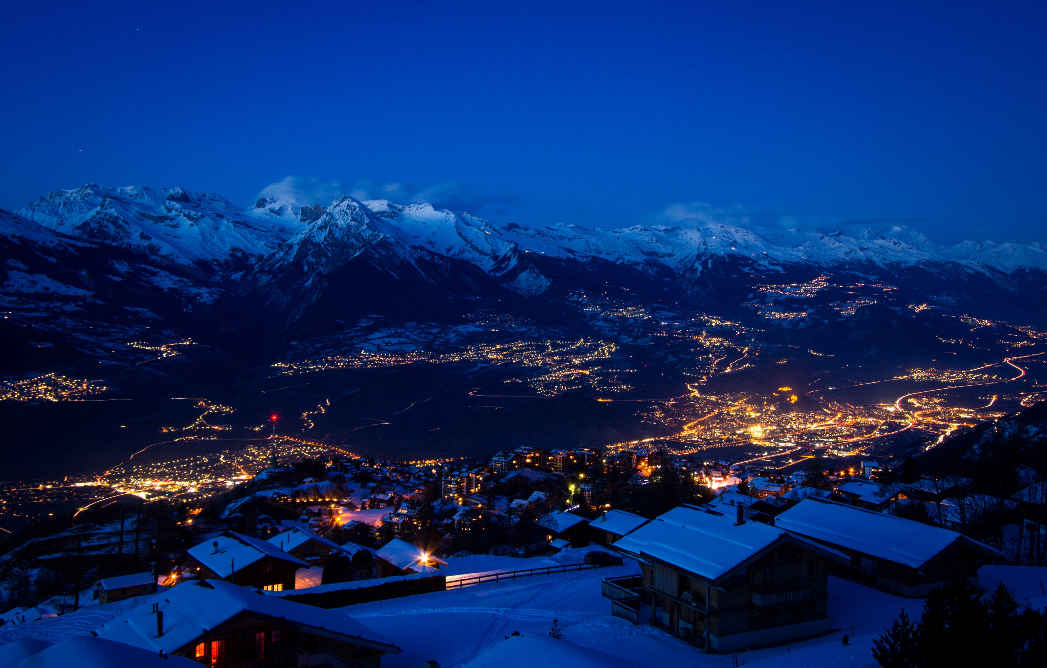 switzerland, Houses, Winter, Mountains, Night, Snow, Sion, Cities Wallpaper