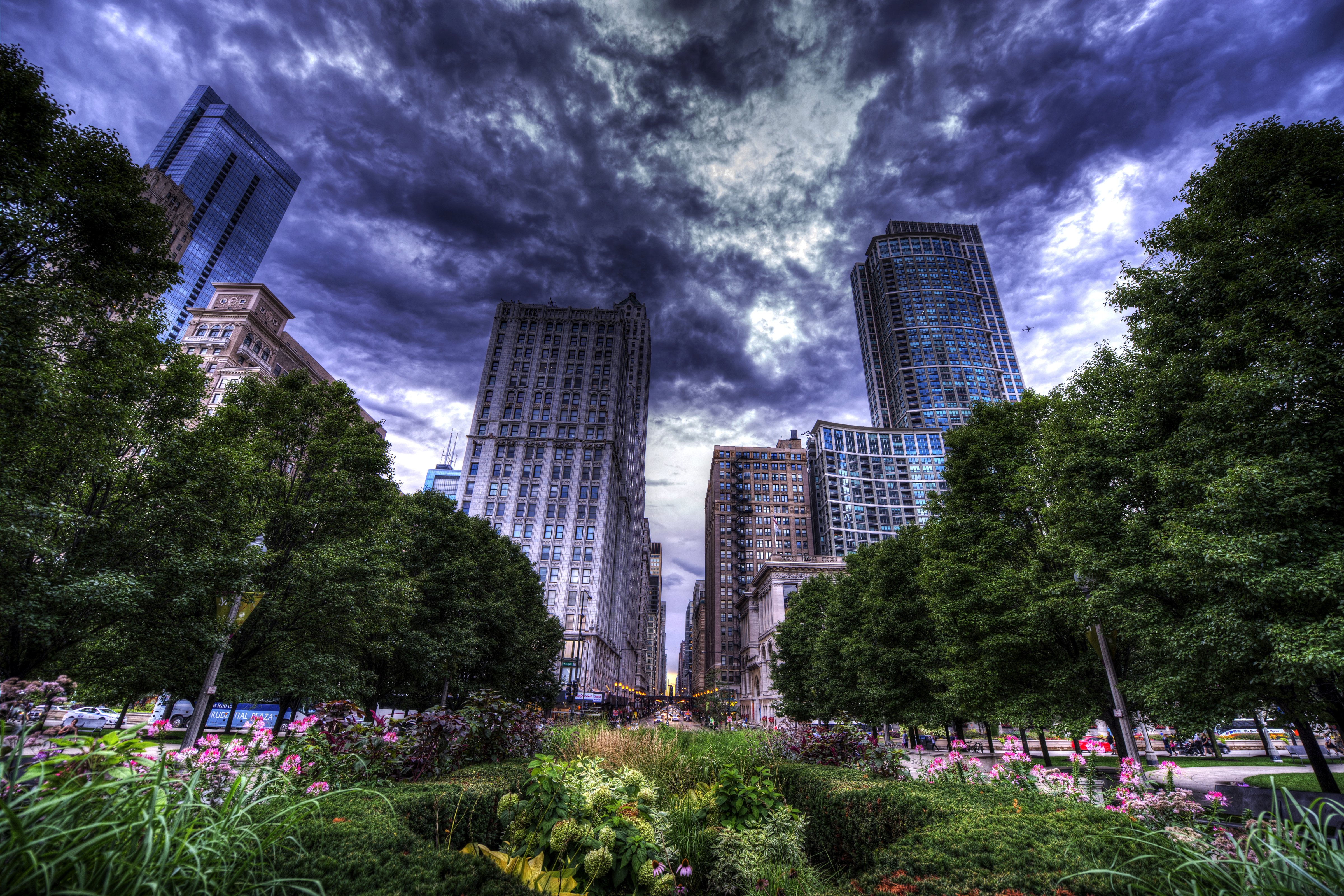 usa, Skyscrapers, Chicago, City, Hdr, Clouds, Street, Trees, Shrubs, Cities Wallpaper