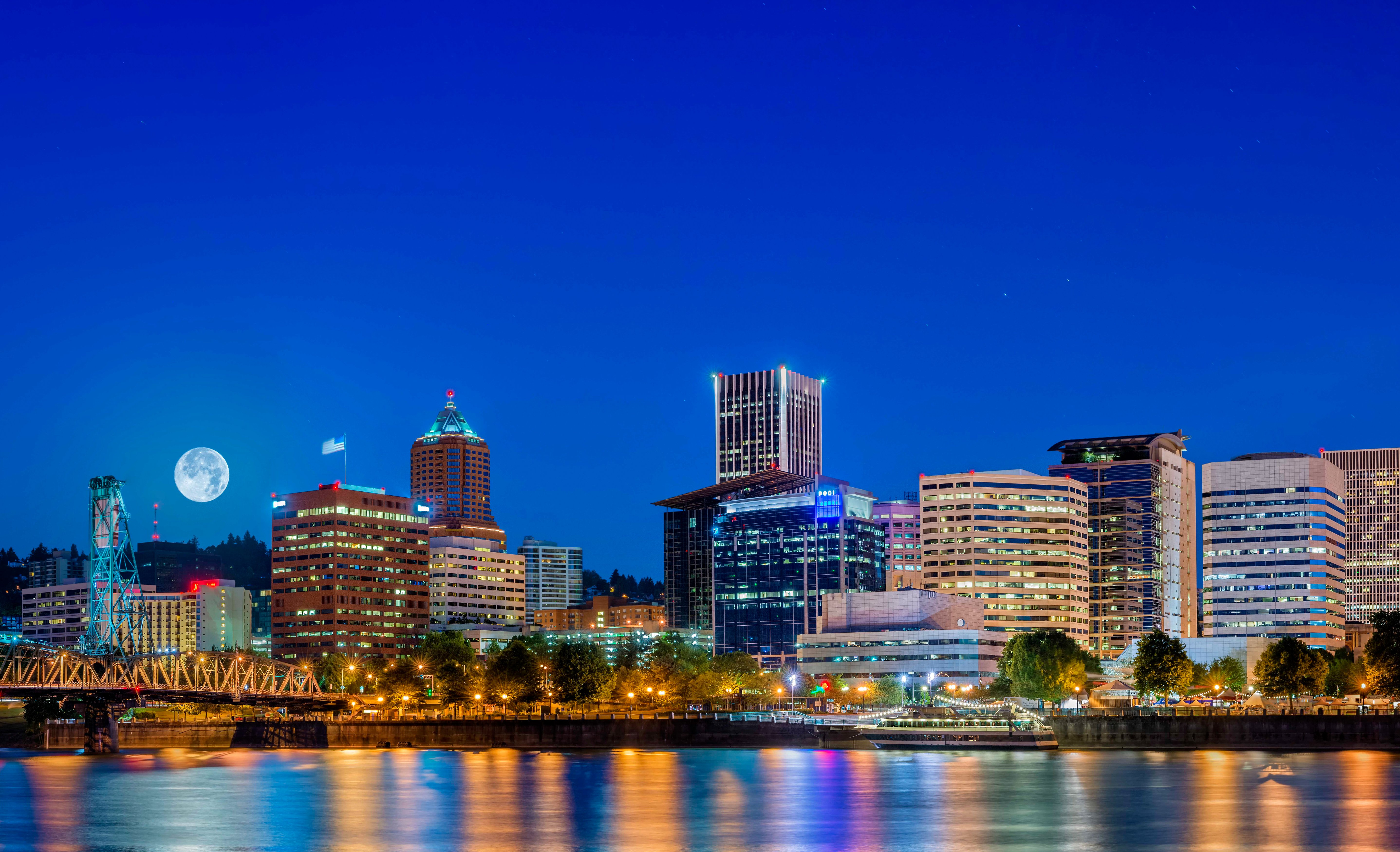 usa, Houses, Rivers, Marinas, Night, Moon, Portland, Cities Wallpaper