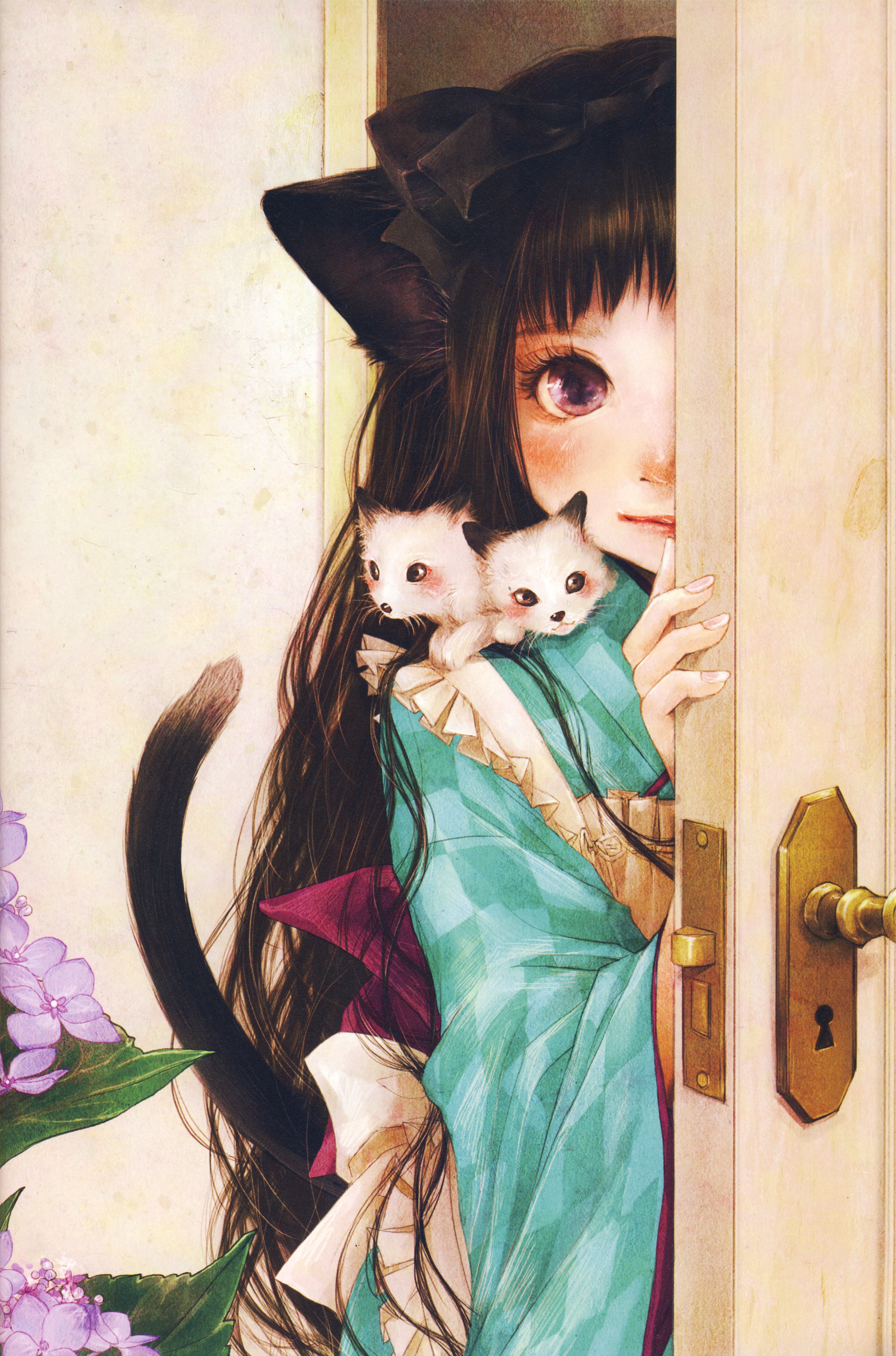 anime, Flower, Girl, Artwork, Beautiful, Long, Hair, Animal, Cats, Cute