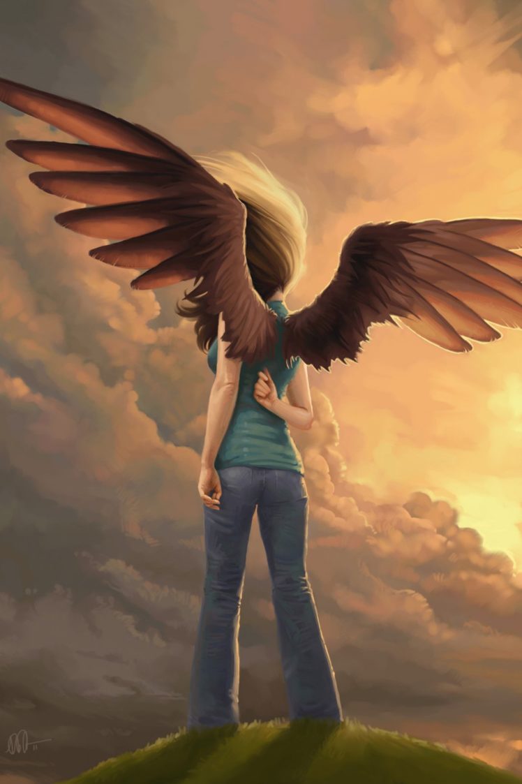 fantasy, Female, Beauty, Angel, Wings, Sky, Cloud, Sunset HD Wallpaper Desktop Background