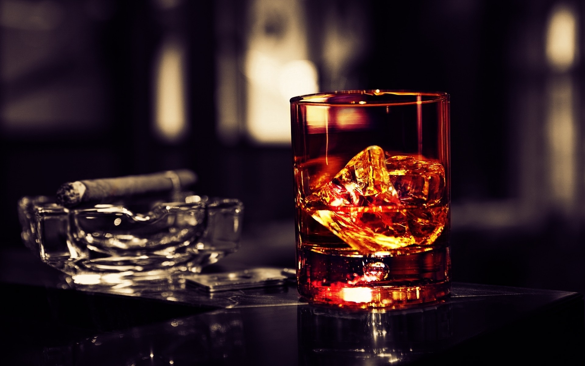 smoking, Glass, Whiskey, Wine, Selective, Coloring, Cigars, Ice, Cubes Wallpaper