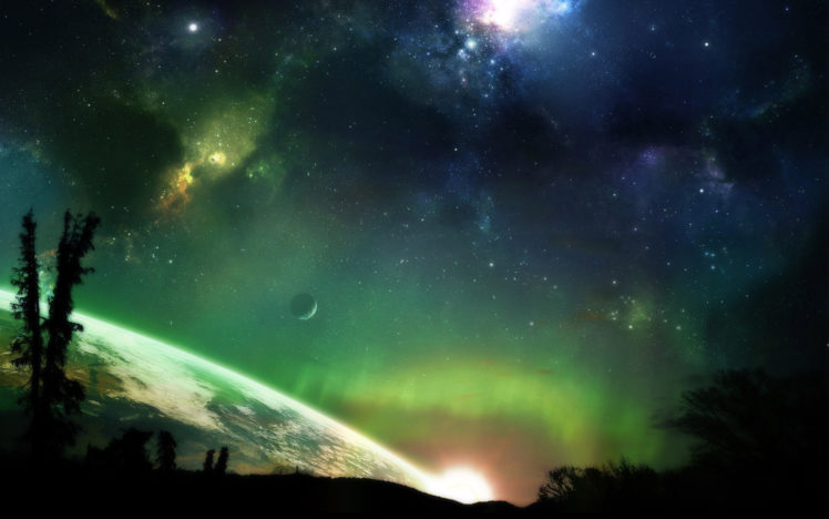 green, Outer, Space, Horizon, Trees, Stars, Planets, Earth, Atmosphere, Science, Fiction, Moons HD Wallpaper Desktop Background