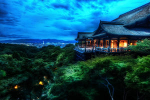 clouds, Cityscapes, Night, Architecture, Buildings, Kyoto, City, Lights, Kiyomizu dera