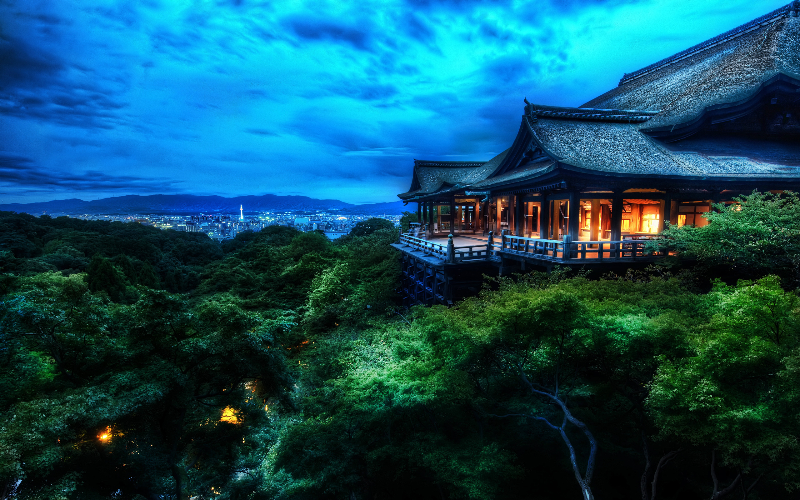 clouds, Cityscapes, Night, Architecture, Buildings, Kyoto, City, Lights, Kiyomizu dera Wallpaper