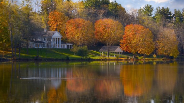 lake, At, Autumn, Amazing, Landscape, Nature, Beauty, House, Lake, Sky, Clouds HD Wallpaper Desktop Background