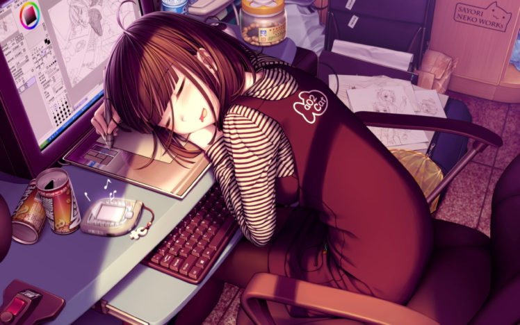 keyboards, Sleeping, Screen, Anime, Girls HD Wallpaper Desktop Background