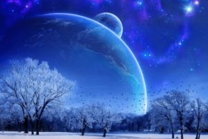 fantasy, Landscape, Moon, Planet, Planets, Winter, Snow, Trees, Sky, Night, Stars, Mood