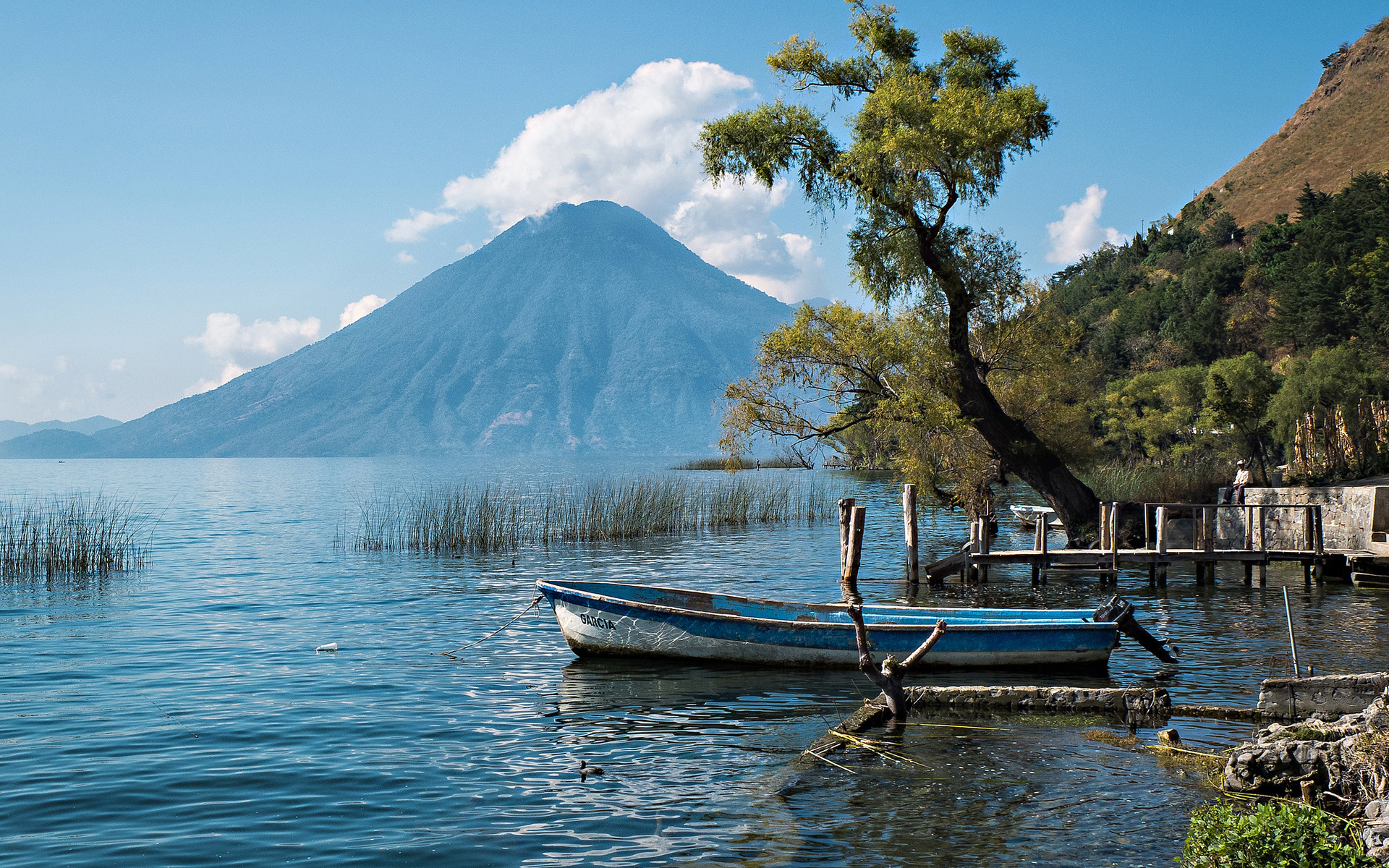 guatemala, Boat, Tree, Lake, Volcano, Lakes, Boats, Reflection Wallpaper