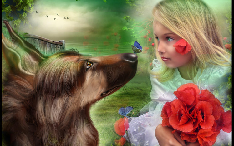 mood, Flowers, Flower, Children, Child, Dogs, Dog, Girl, Girls HD Wallpaper Desktop Background