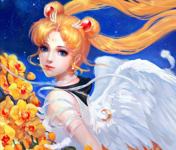 sailor, Moon, Anime, Series, Blonde, Girl, Flower, Beautiful, Usagi, Character, Wings HD Wallpaper Desktop Background