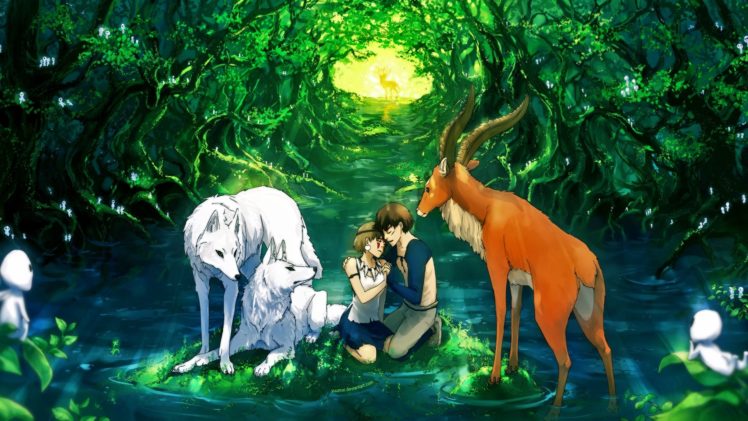 anime, Girl, Character, Beautiful, Animal, Forest, Deer, Couple HD Wallpaper Desktop Background