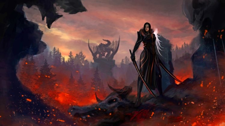 women, Fantasy, Dragon, Sword, Fantasy gamer HD Wallpaper Desktop Background
