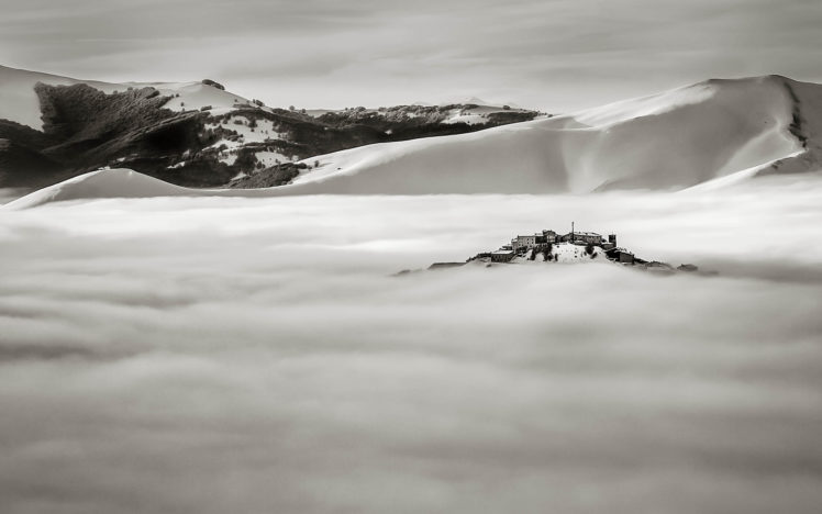 fog, Mist, Landscape, Mountains, Snow, B w, Winter HD Wallpaper Desktop Background