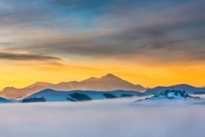 fog, Mist, Landscape, Mountains, Sunset