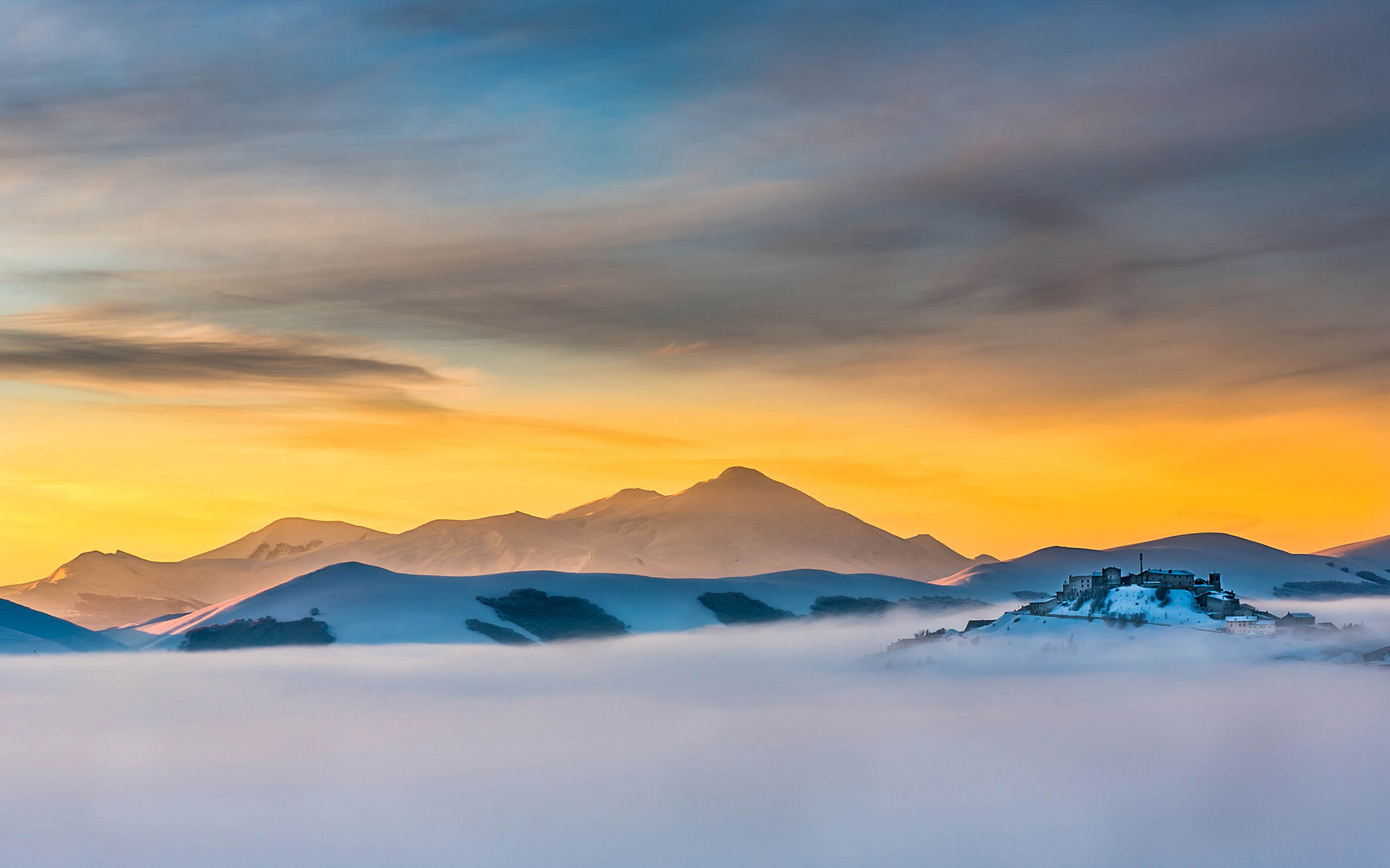 fog, Mist, Landscape, Mountains, Sunset Wallpaper