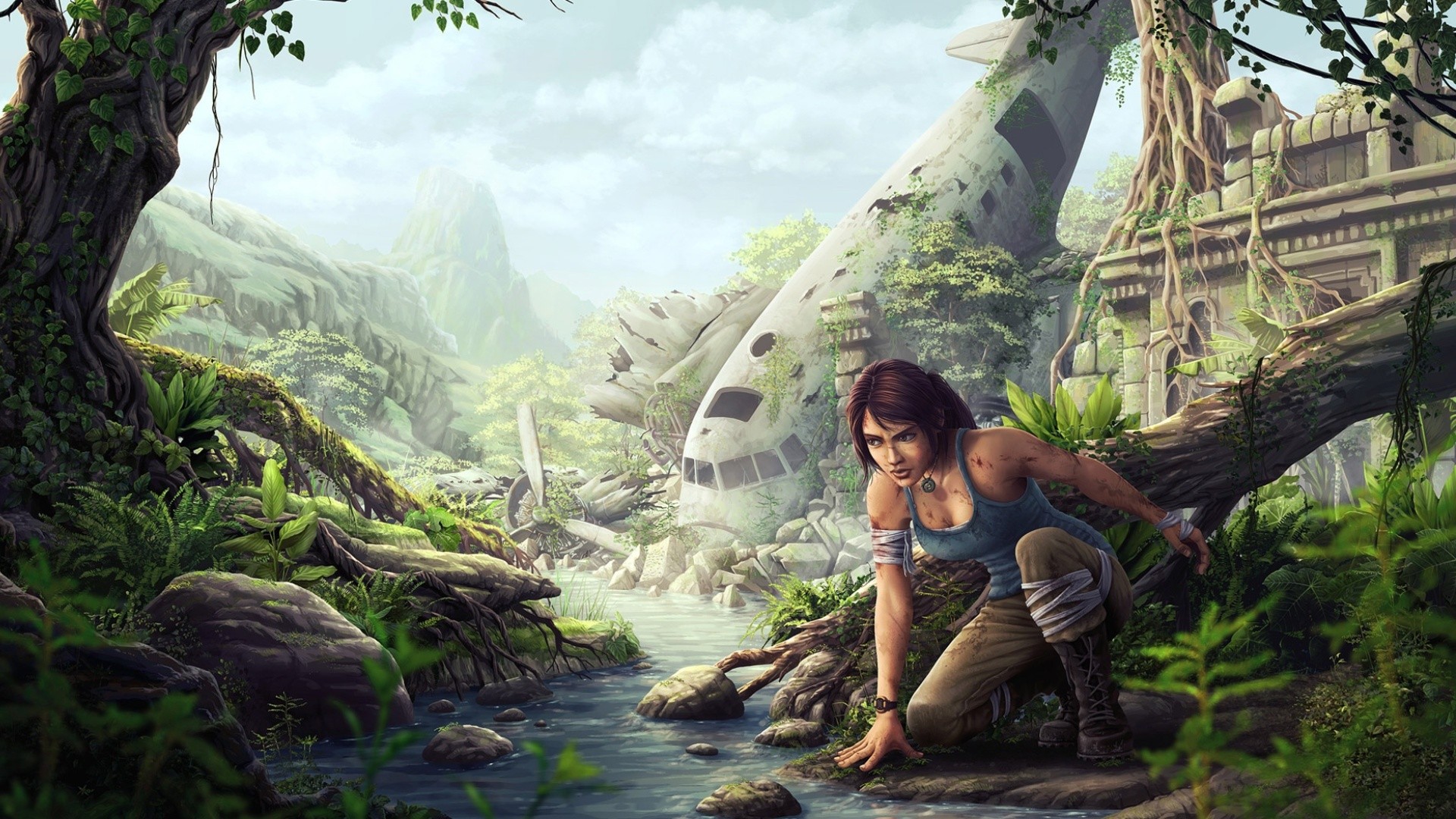 lara, Croft, Tomb, Raider, Drawing, Airplane, Plane, Jungle, Overgrowth Wallpaper