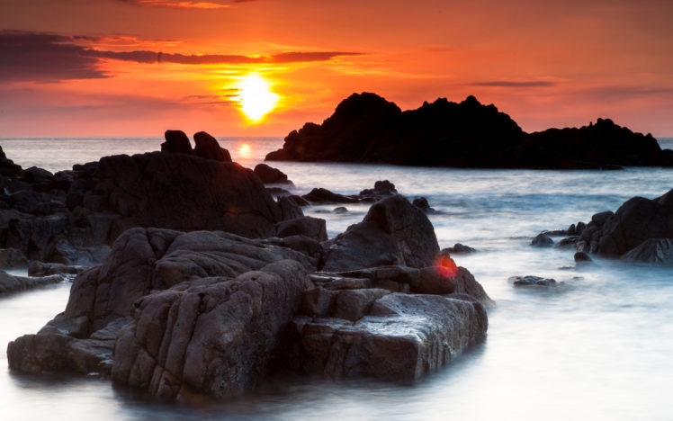 sunlight, Sunset, Ocean, Rocks, Stones HD Wallpaper Desktop Background