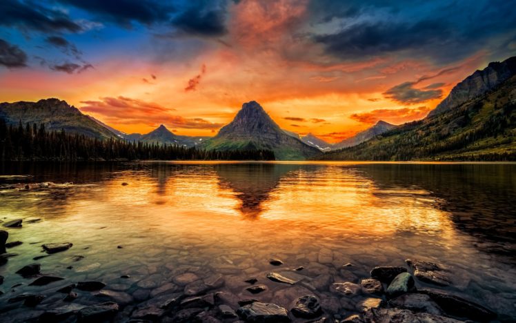 usa, Two, Medicine, Lake, Glacier, National, Park, Forest, Mountain, Lake, Rocks, Trees, Sky, Glow, Sunset HD Wallpaper Desktop Background