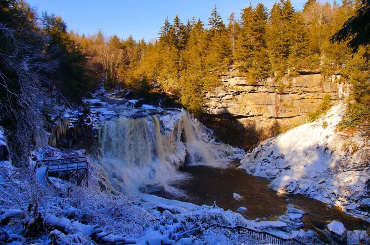 sky, Forest, Rocks, Winter, River, Snow, Bridge HD Wallpaper Desktop Background