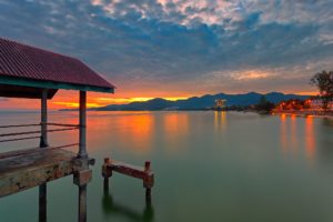 sky, Clouds, Sunset, Mountains, Lake, House, Lights, Pier