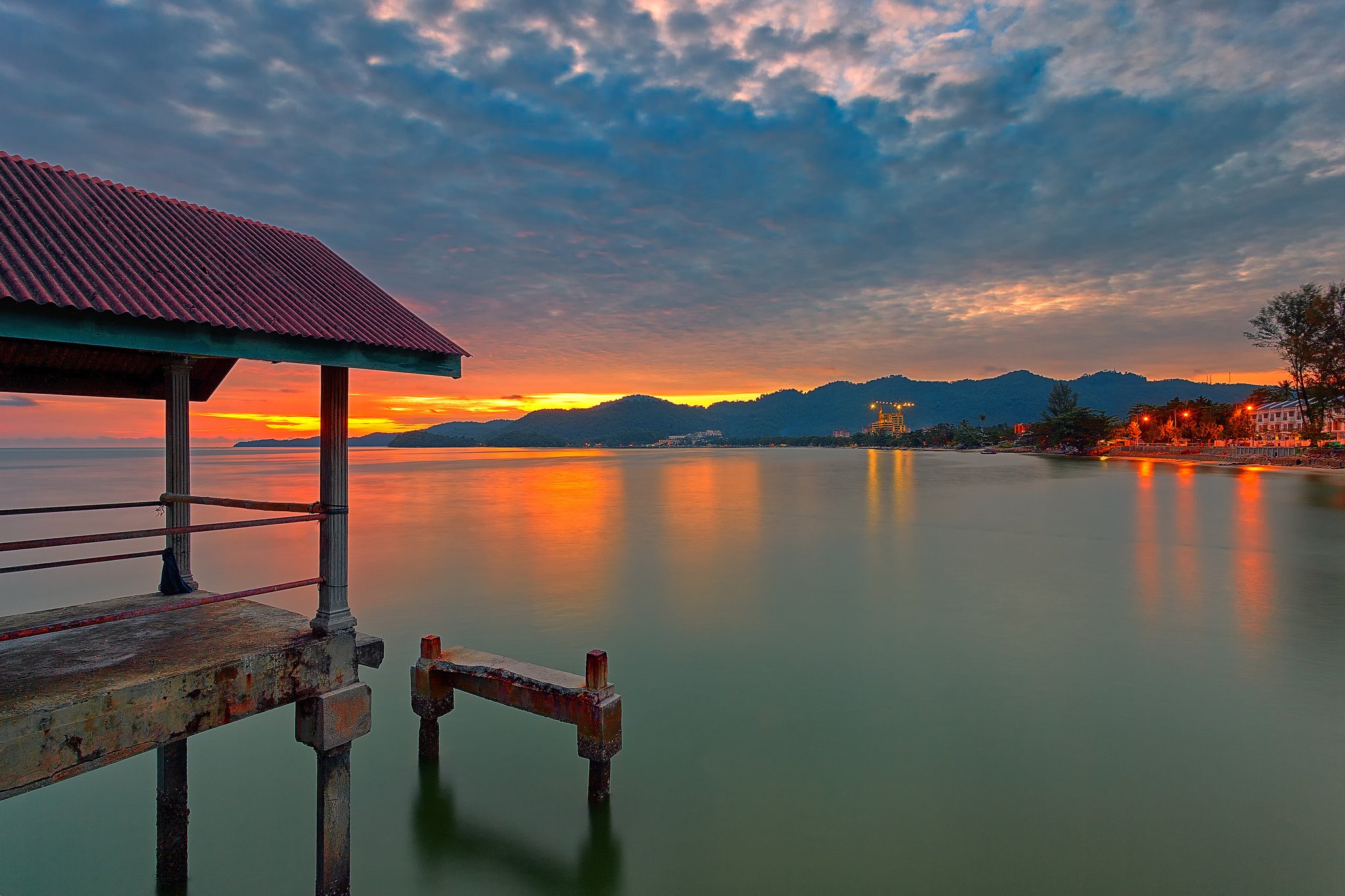 sky, Clouds, Sunset, Mountains, Lake, House, Lights, Pier Wallpaper