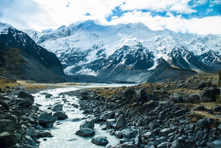 mountains, Snow, River, Stream HD Wallpaper Desktop Background
