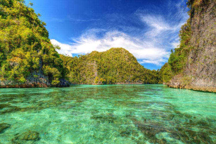 indonesia, Way, Lagoon, Rocks, Trees, Lagoon, Tropical, Sky, Sun, Clouds HD Wallpaper Desktop Background