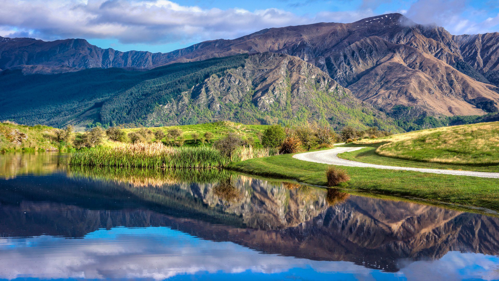 sky, Clouds, Mountains, Lake, Road Wallpaper