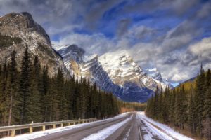 sky, Clouds, Mountains, Snow, Forest, Road, Highway