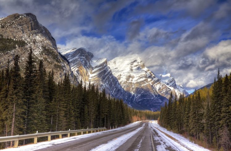 sky, Clouds, Mountains, Snow, Forest, Road, Highway HD Wallpaper Desktop Background