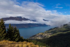 sky, Clouds, Mountains, Lake, Trees, Valley, Village, Town