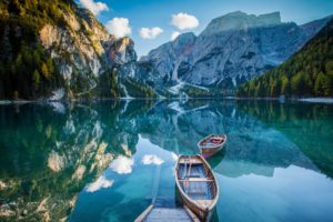 lake, Deck, Boat, Mountains, Mirror, Reflection