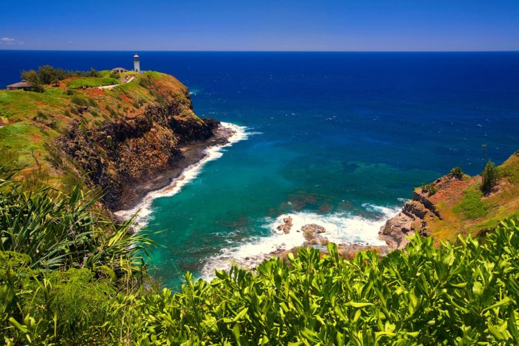 hawaii, Sky, Sea, Lighthouse, Cape, Horizon, Grass HD Wallpaper Desktop Background