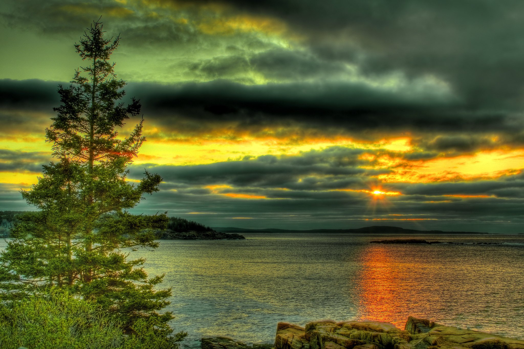 sky, Clouds, Sunset, Lake, Trees, Stone Wallpaper