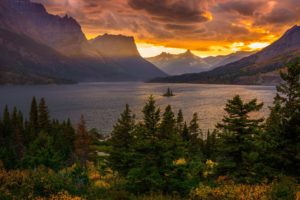 lake, Mountains, Forest, Trees, Sunset, Sky, Clouds