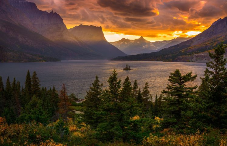 lake, Mountains, Forest, Trees, Sunset, Sky, Clouds HD Wallpaper Desktop Background
