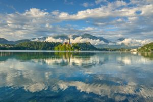 slovenia, Lake, Bled, Bled, Island, Church, Of, The, Assumption, The, Julian, Alps, Mirror, Reflection, Clouds, Sky, Mountains