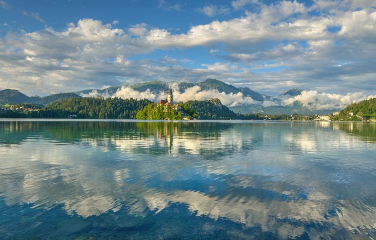 slovenia, Lake, Bled, Bled, Island, Church, Of, The, Assumption, The, Julian, Alps, Mirror, Reflection, Clouds, Sky, Mountains HD Wallpaper Desktop Background