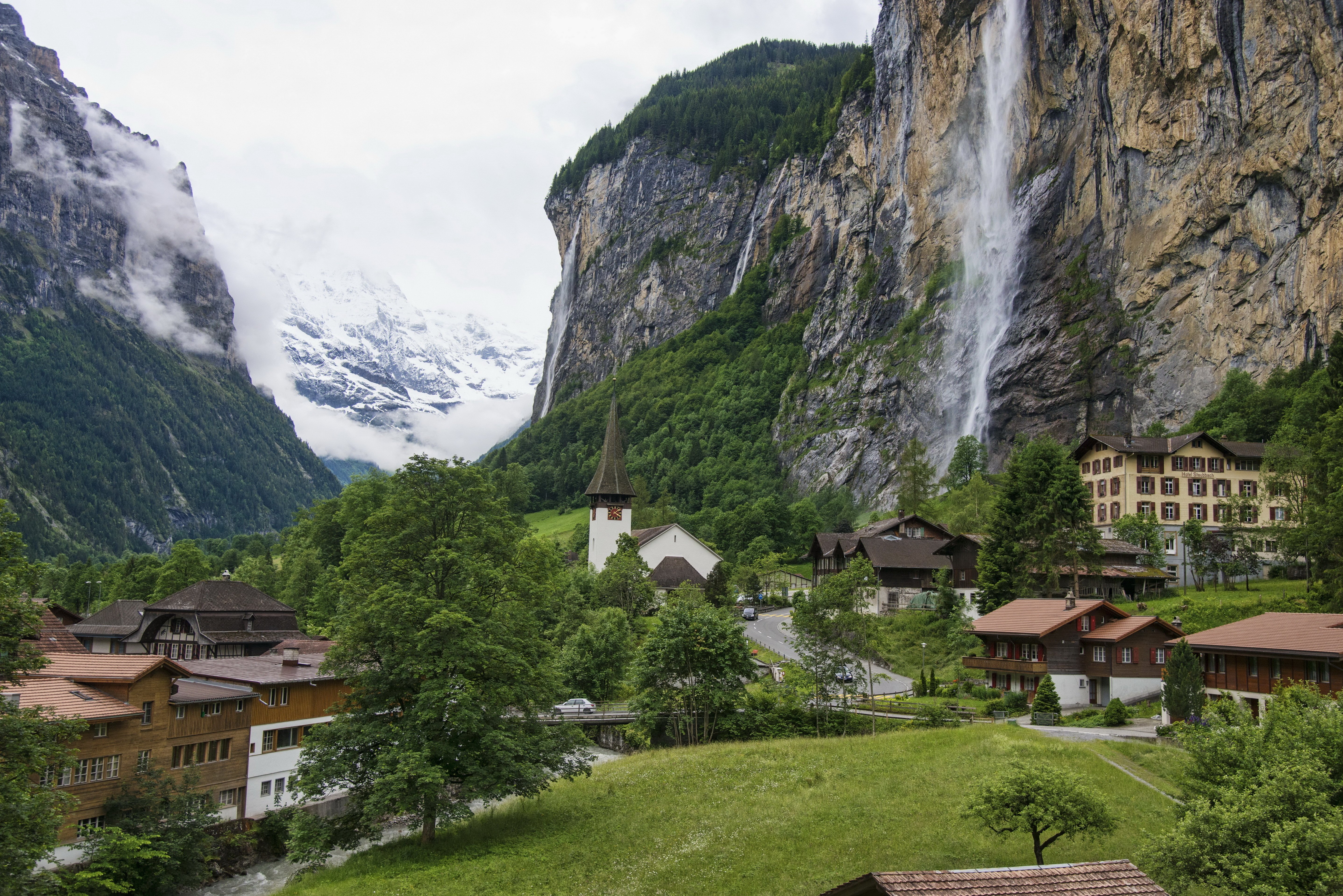 switzerland, Lauterbrunnen, Mountains, Rocks, Valley, Home, Chapel, Waterfall Wallpaper