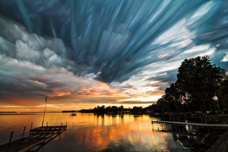 sky, Clouds, Water, Lake, Pier, Sunset HD Wallpaper Desktop Background