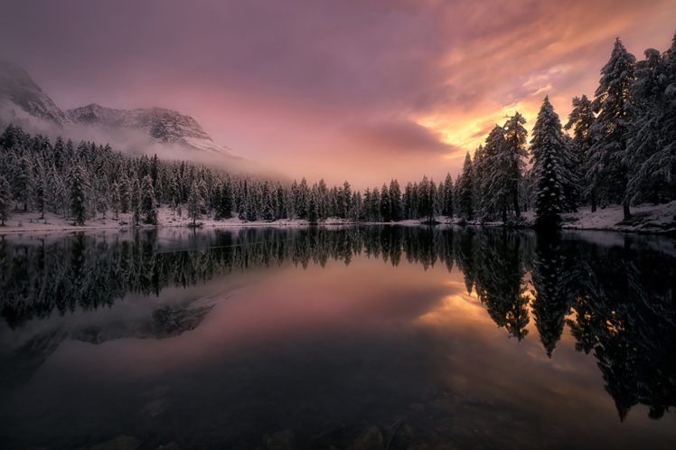 mountains, Forest, Trees, Fir, Fog, Clouds, Snow, Winter, Italy, Lake, Reflection HD Wallpaper Desktop Background