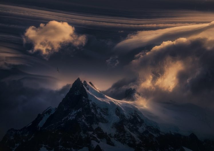 mountain, Top, Snow, Nature, Clouds, Sunset HD Wallpaper Desktop Background