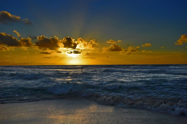 sky, Clouds, Sunset, Rays, Glow, Sea, Shore, Waves HD Wallpaper Desktop Background