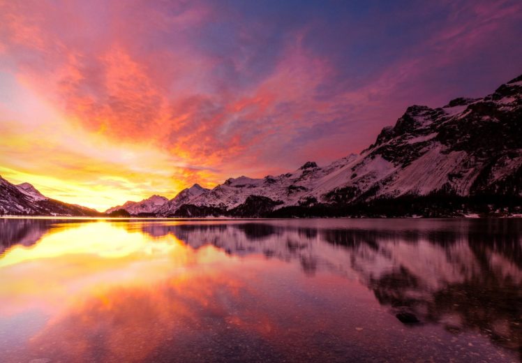 dawn, Lake, Winter, Mountains HD Wallpaper Desktop Background