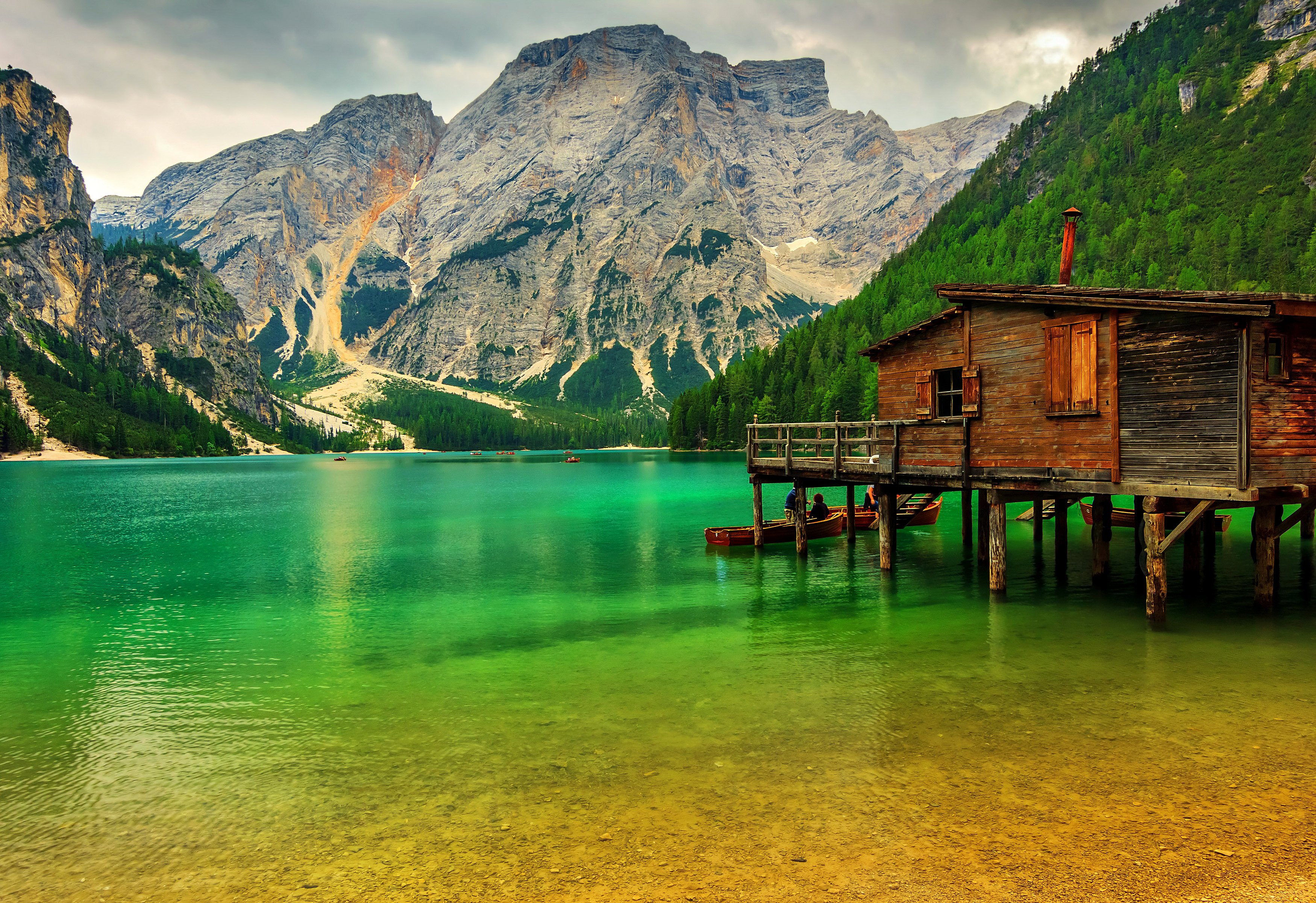 mountain, Lake, Lake, Sudtirol, Italy, Boat, Pier, Rocks, Trees, Greenery Wallpaper