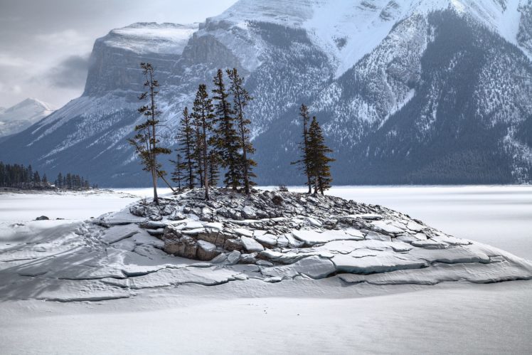 mountains, Lake, Snow, Winter, Island, Rock, Trees HD Wallpaper Desktop Background