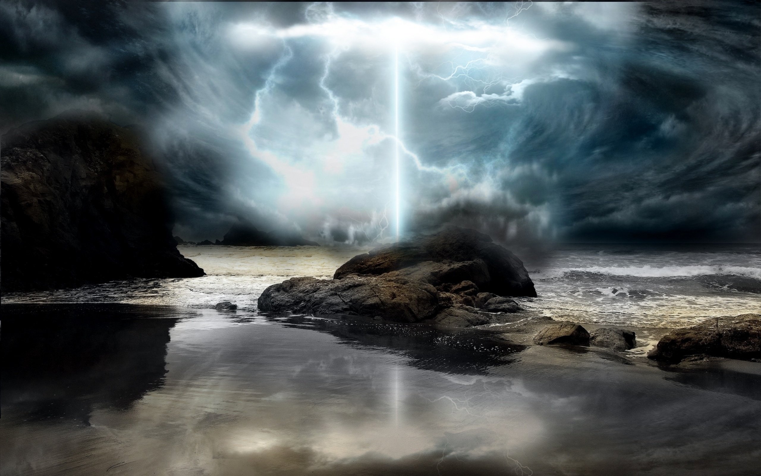 ocean, Storm, Lightning, Clouds Wallpaper